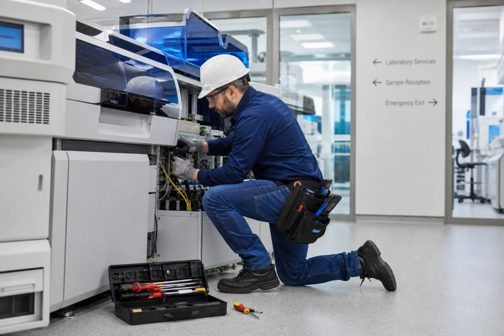 installateur die een laboratoriummachine aan het installeren is
